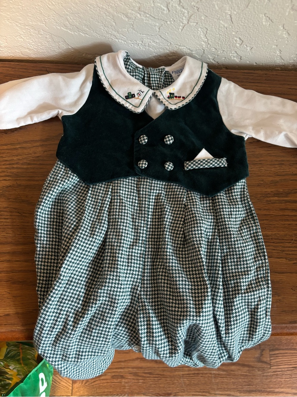 Green Houndstooth Baby Dress Romper with Velvet Vest
